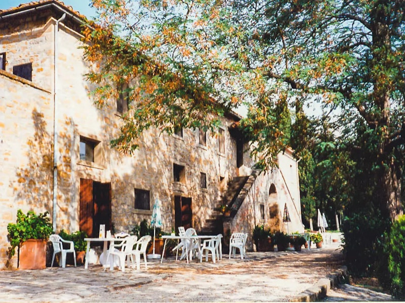 Stühle vor dem Haus unter einem Baum