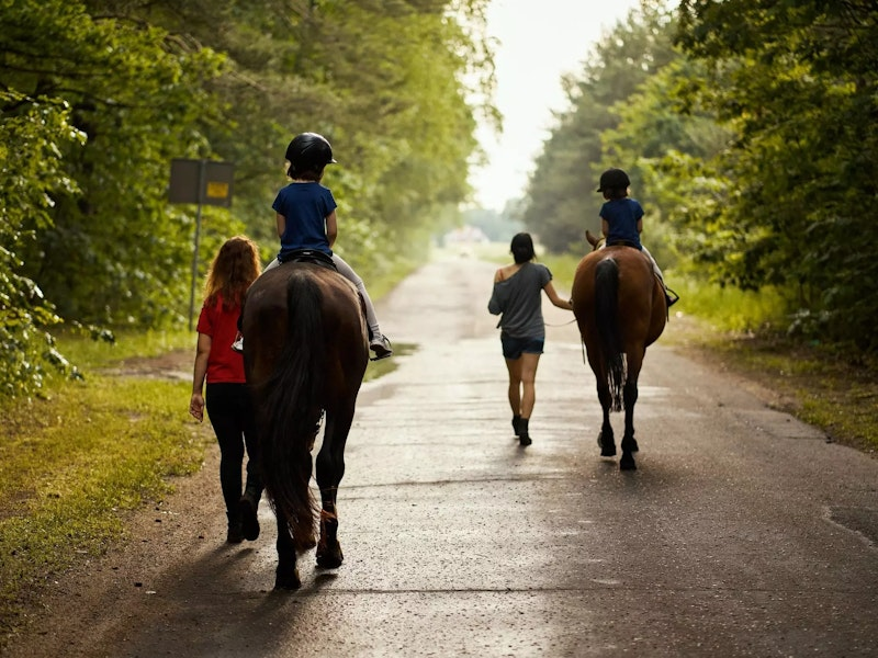 Kinder werden auf Pferden geführt