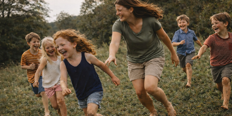 Eine Frau läuft mit mehreren Kindern lachend über eine Wiese