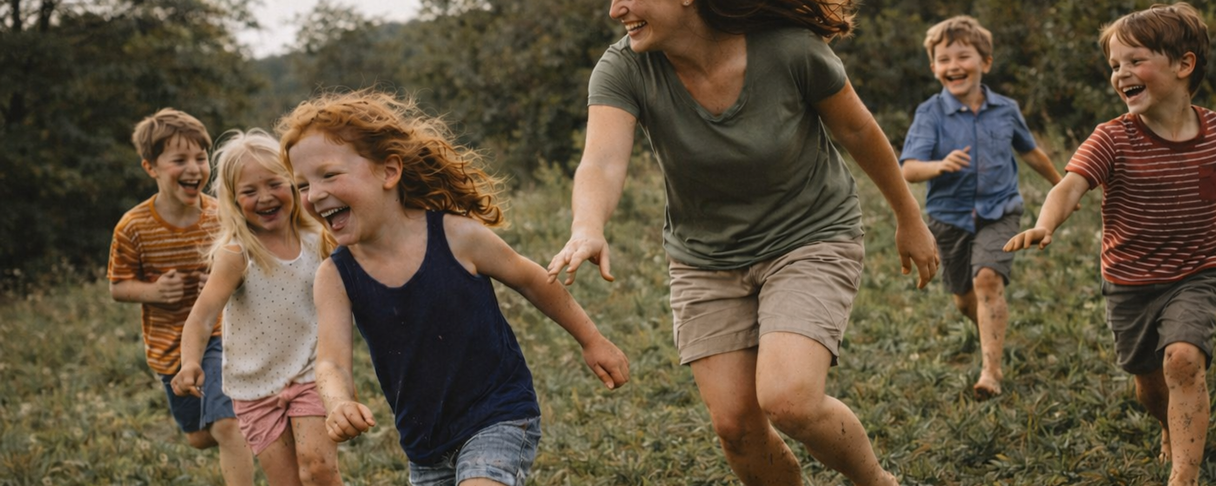 Eine Frau läuft mit mehreren Kindern lachend über eine Wiese